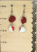 White Skull & Red Rose Earrings | Gothic Jewelry | Skull Earrings | Red Rose Jewelry | Stainless Steel Earrings