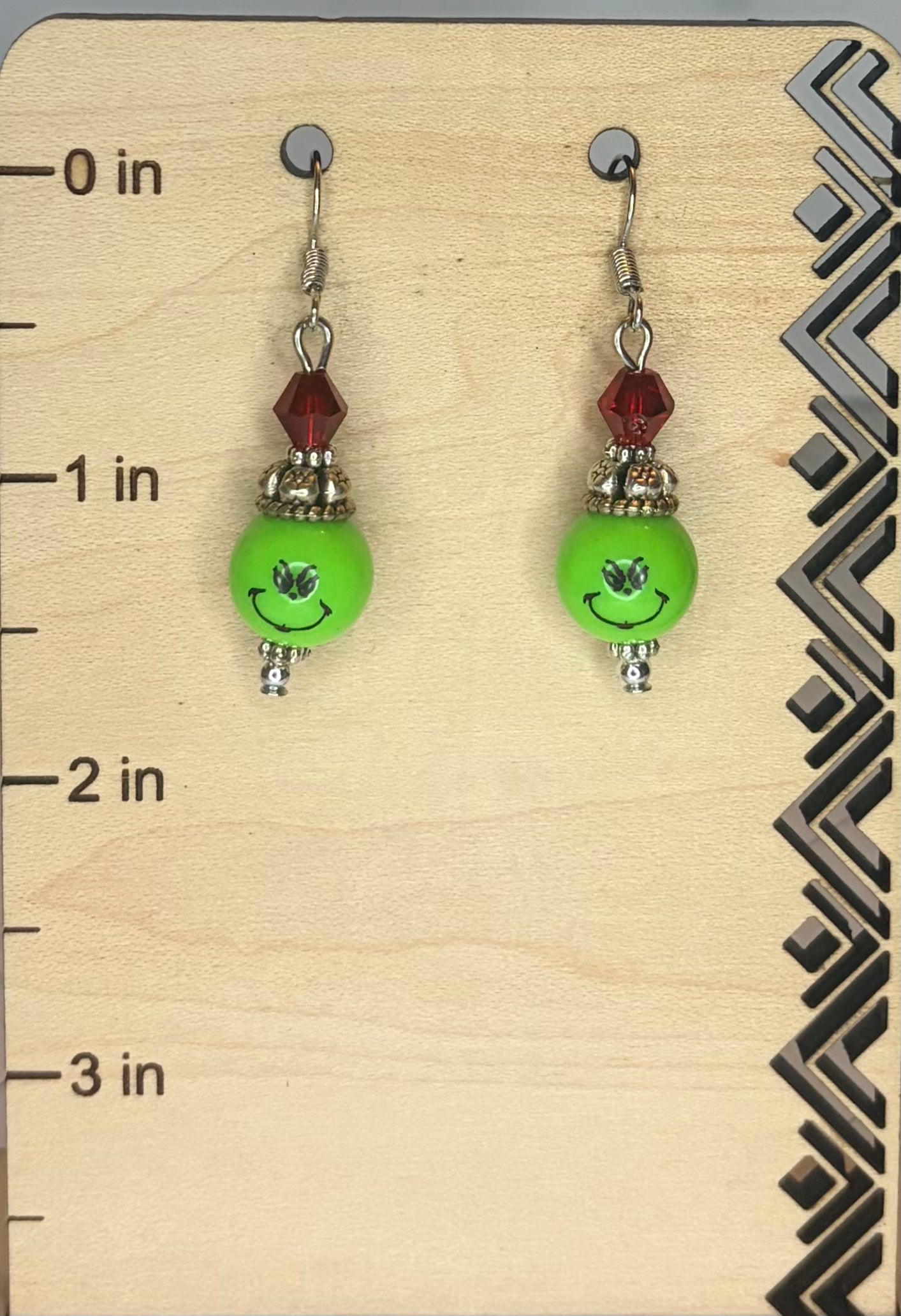 Grinch Earrings | Christmas Jewelry | Grinch Bead & Red Crystal Earrings | Stainless Steel Ear Wires | Holiday Gift
