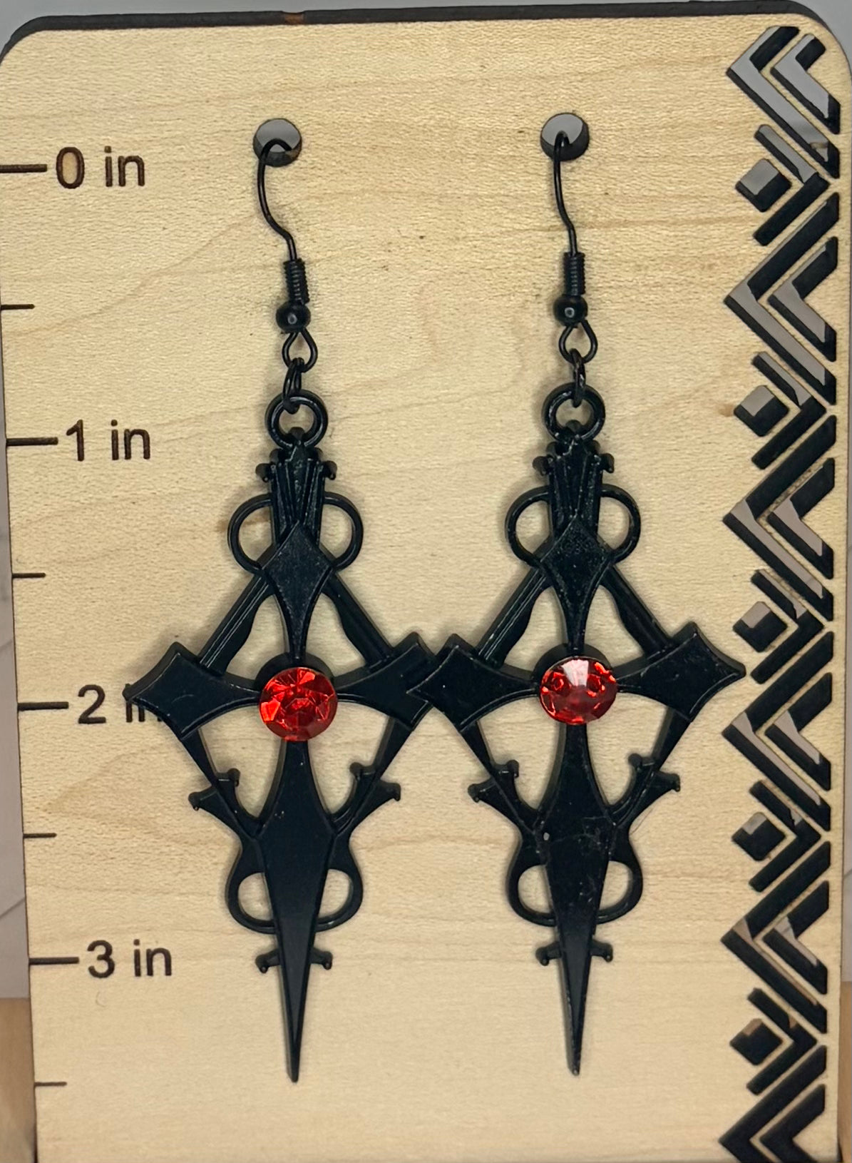 Large Black Dagger Cross Earrings with Red Crystal Center
