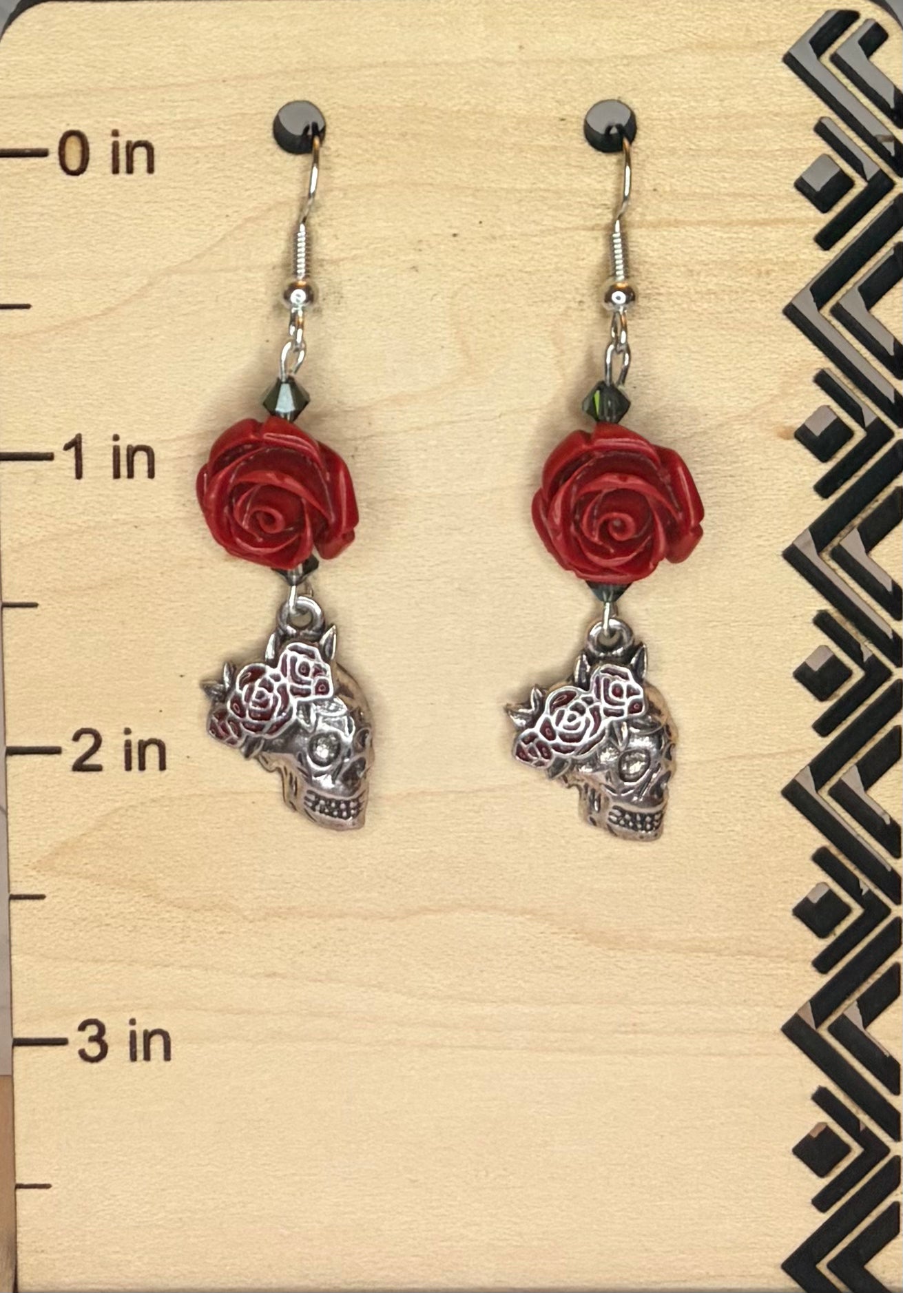 Silver Skull & Red Rose Earrings — Gothic Rose Jewelry, Stainless Steel Drop Earrings, Dark Romantic Gift