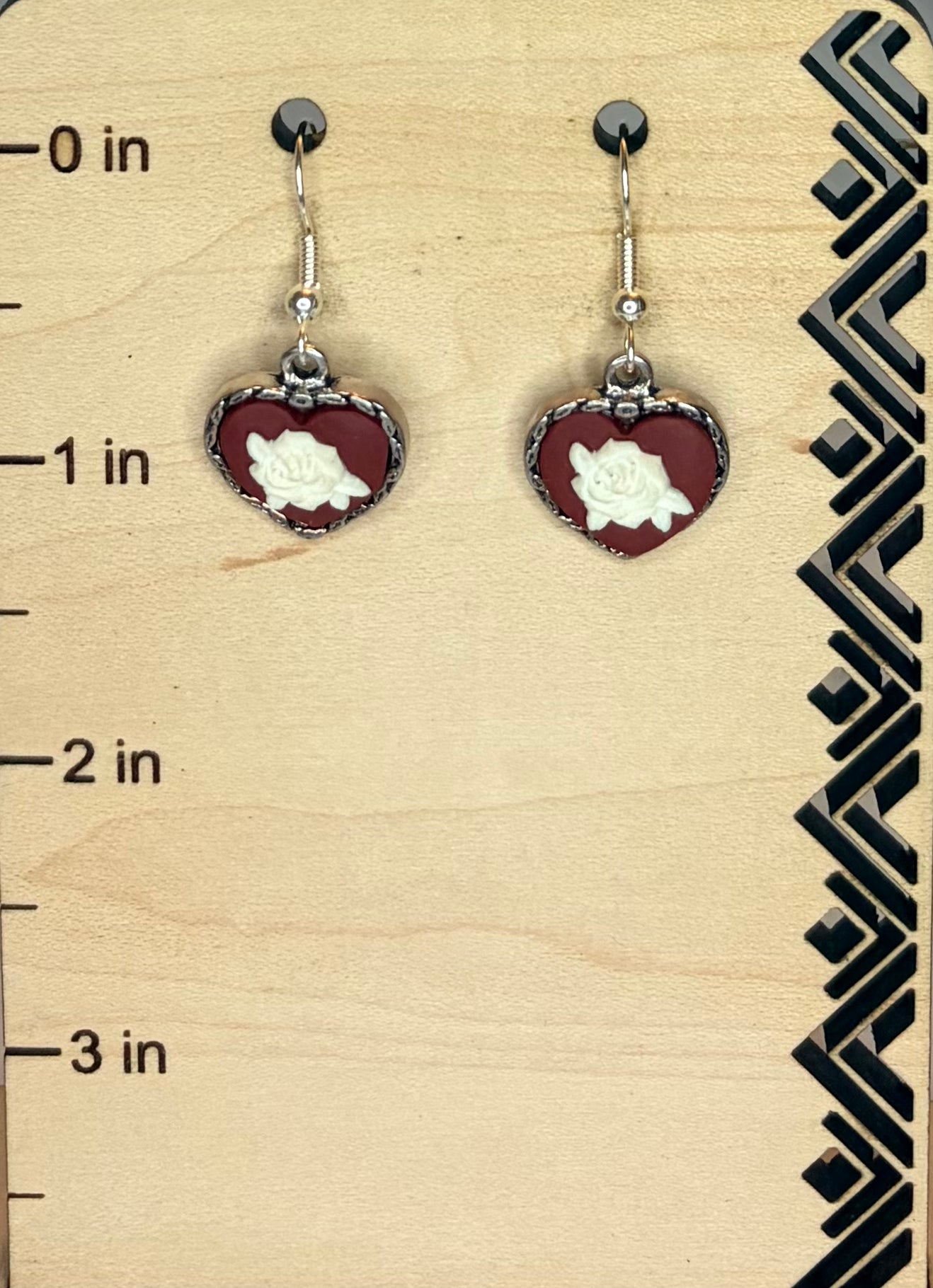 Dark Red Heart & Rose Stainless Steel Earrings | Romantic Gothic Jewelry | Red Heart Earrings | Rose Dangle Earrings | Gift for Her