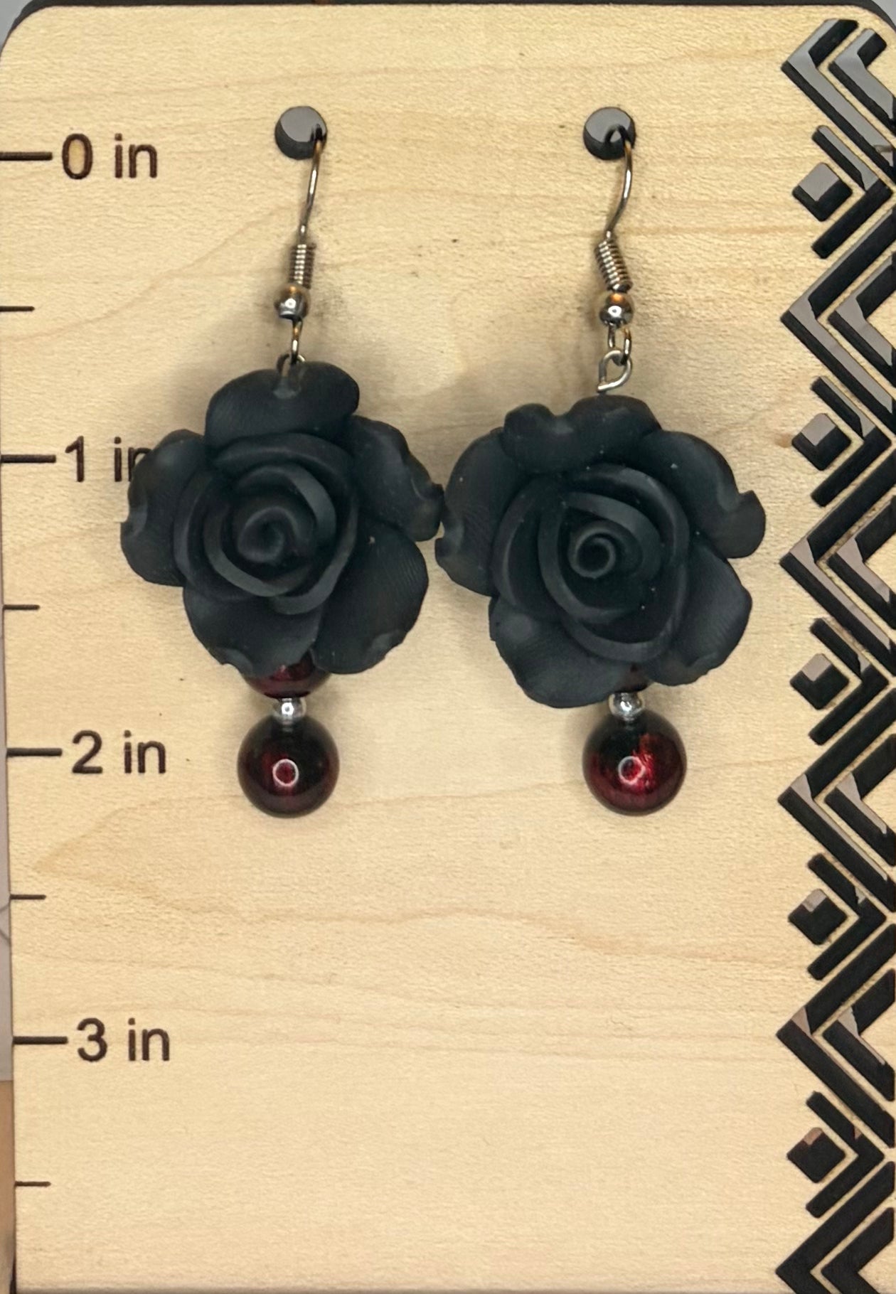 Large Black Clay Flower Earrings with Dark Red Beads & Stainless Steel