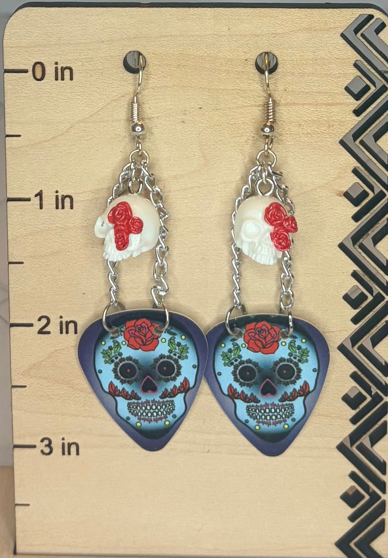 Sugar Skull Guitar Pick Earrings | Stainless Steel & Skull Bead Jewelry | Rocker Earrings | Gothic Music Gift
